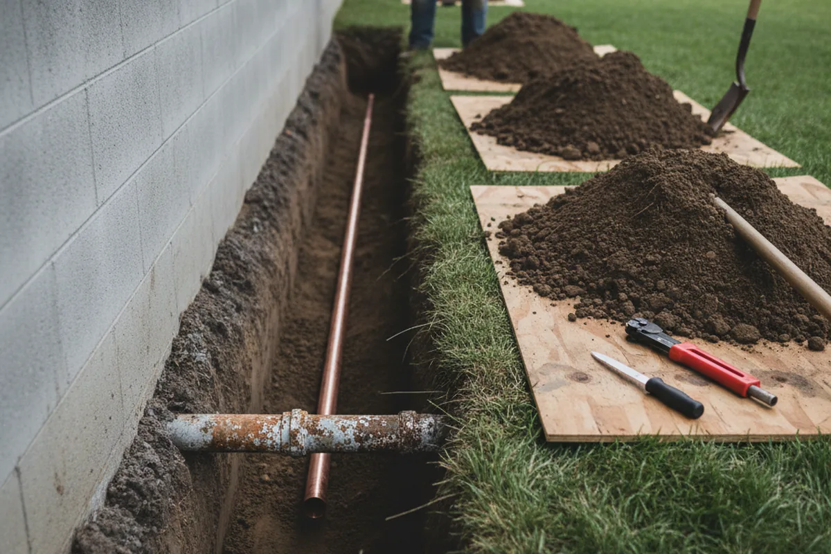 Excavated water line trench during Sewer Line Repair in West Olive